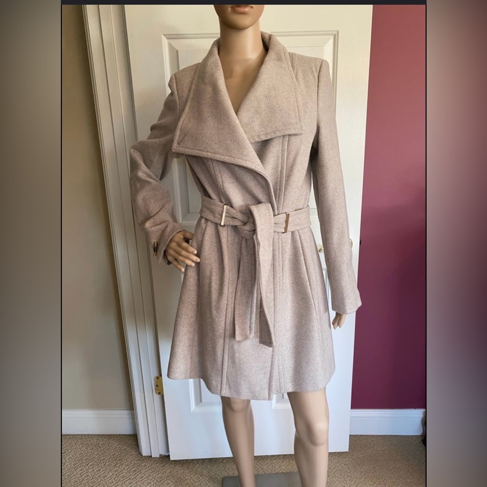 Calvin Klein Wool Blend Wrap Long Coat Oatmeal Beige color XS With Pockets